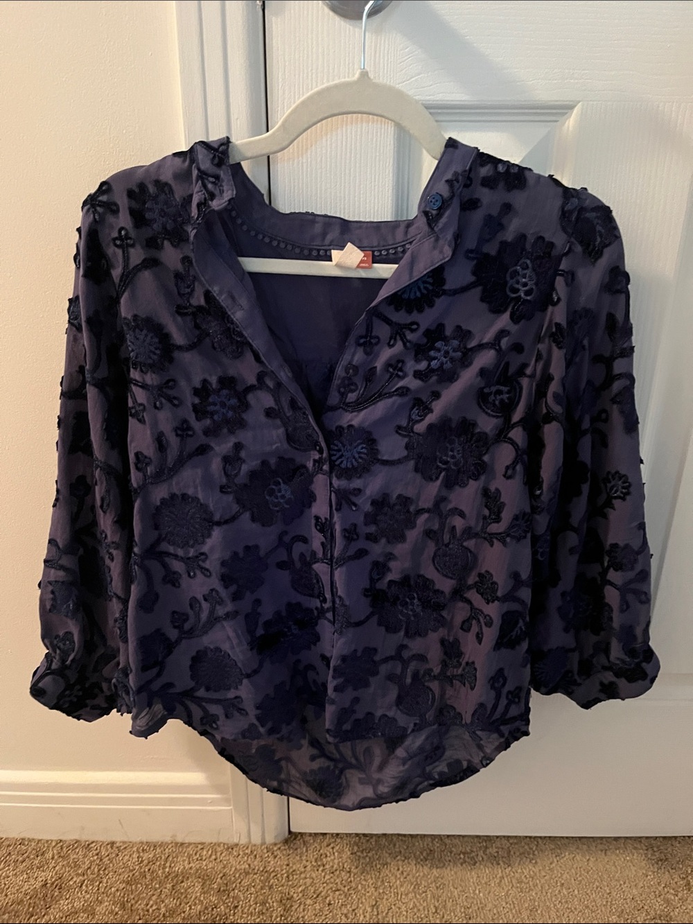 Anthropologie Navy Floral Velvet Burnout Blouse